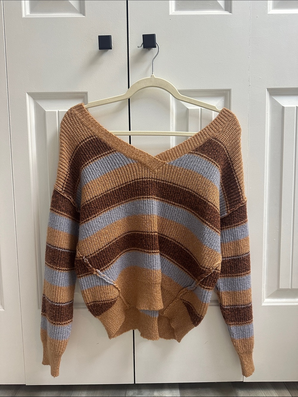Striped Off-the-Shoulder Sweater - Tan, Brown & Blue